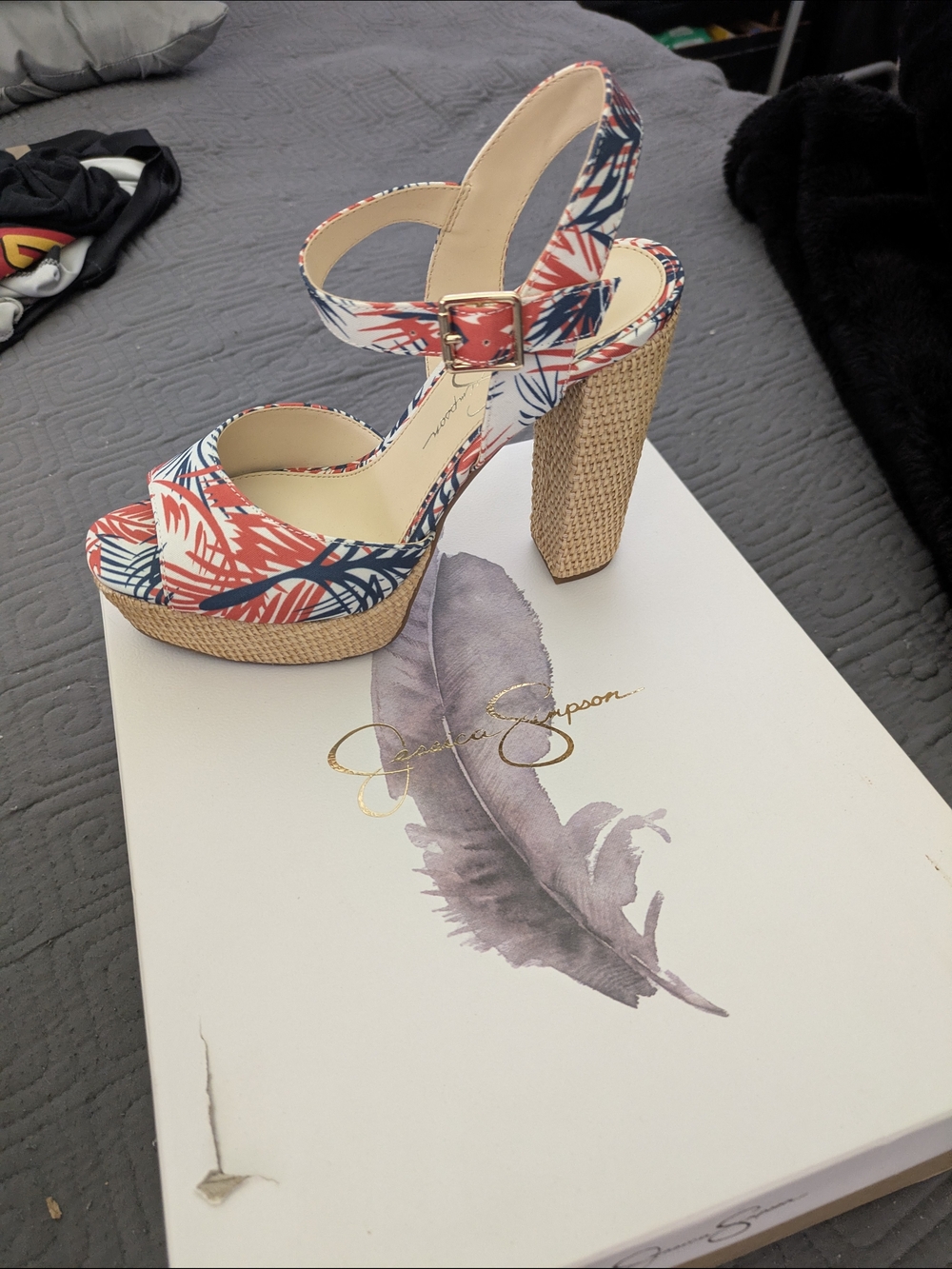 Jessica Simpson Coral and Navy Tropical Print Platform Sandals - Picture 6 of 6